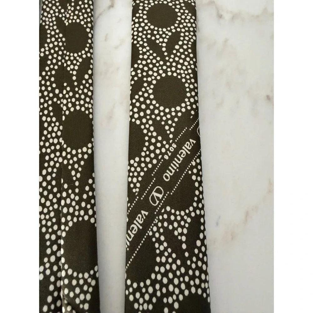 Valentino Cravatte Mens Silk‎ Tie Olive Green White Geometric Dot Logo Italy